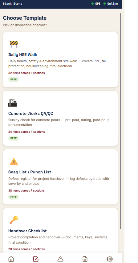 Choose inspection template — Daily HSE, Concrete QA/QC, Snag List, Handover
