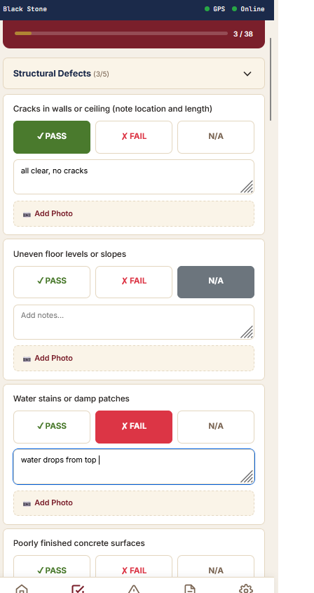 Inspection checklist with PASS / FAIL / N/A and photo upload