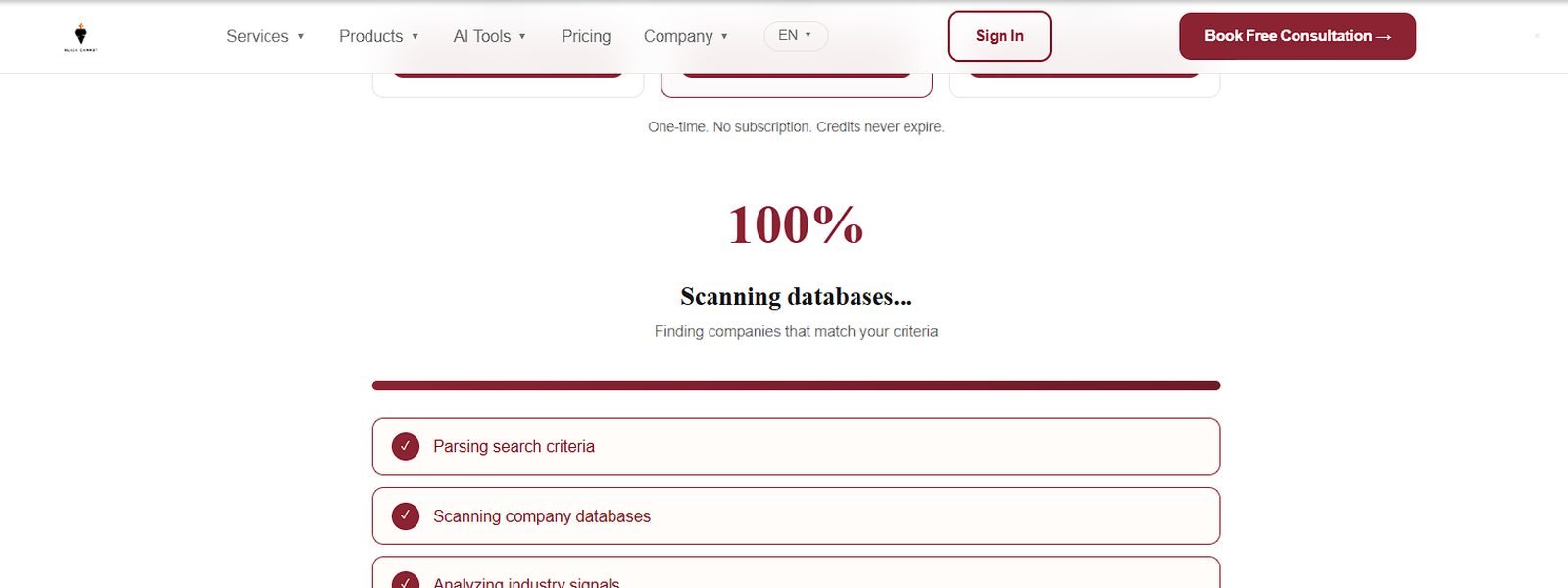 Blackcarrot Tech Lead Finder — scanning company databases