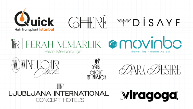 Client logos — Quick Hair Transplant, Chere, Disayf, Ferah Mimarlik, Movinbo, Wine Noir, Glory Pet Manor, Dark Desire, Ljubljana International, Viragoga